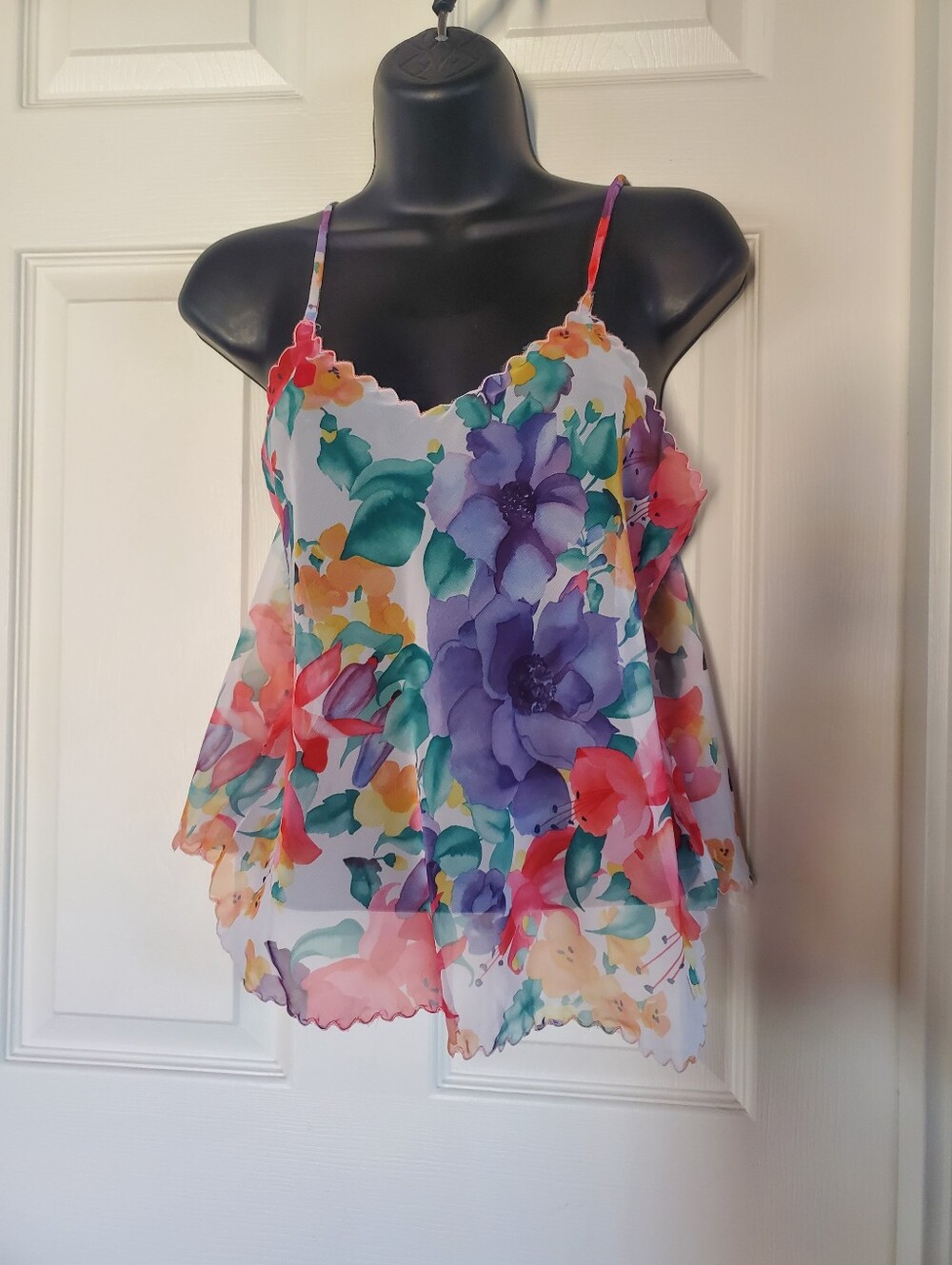 Floral Scallop-Edge Spaghetti Strap Tank Top Sheer Crop Flowy Pullover  Fairy Sm